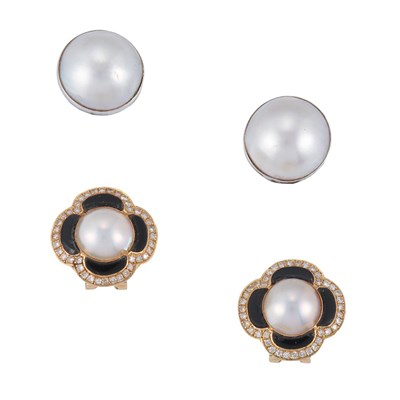 Lot 125 - Pair of Mabe Pearl, Enamel and Diamond Earclips and Mabe Pearl Earclips