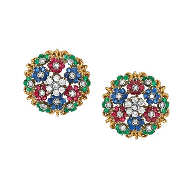 Lot 126 - Pair of Gold, Diamond and Gem-Set Flower Earclips