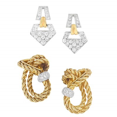 Lot 240 - Two Pairs of Gold and Diamond Earclips, Kutchinsky