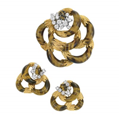 Lot 493 - Gold, Tiger's-Eye and Diamond Brooch and Pair of Earclips, Kutchinsky