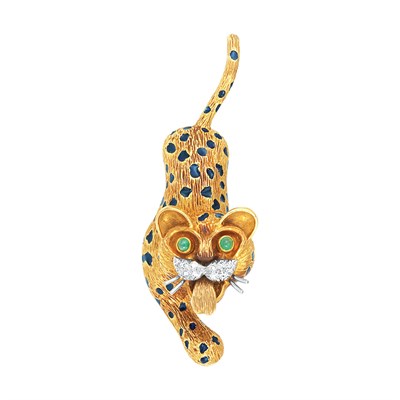 Lot 341 - Gold, Enamel, Cabochon Emerald and Diamond Leopard Clip-Brooch