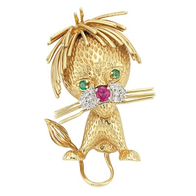 Lot 141 - Gold, Diamond, Ruby and Emerald Lion Brooch