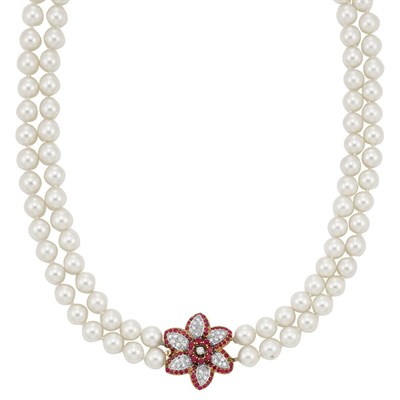 Lot 173 - Double Strand Cultured Pearl Necklace with Gold, Diamond and Ruby Flower Clasp
