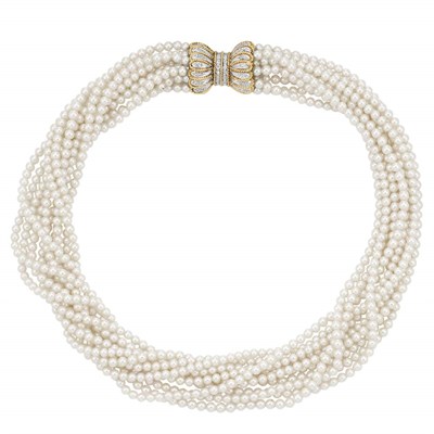 Lot 247 - Ten Strand Cultured Pearl Torsade Necklace with Gold and Diamond Clasp