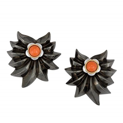 Lot 15 - Pair of Blackened Sterling Silver, Gold and Coral Flower Earclips, Tiffany & Co.