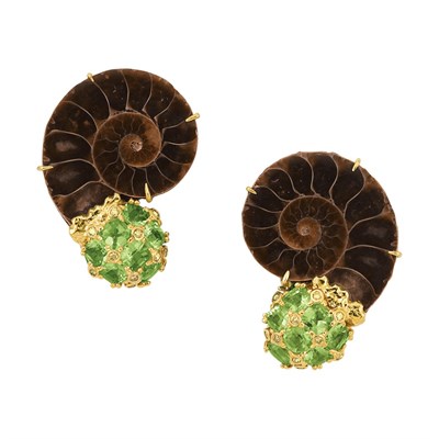 Lot 420 - Pair of Gold, Ammonite, Peridot and Colored Diamond Snail Earclips, Lotus Arts de Vivre