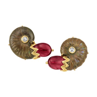 Lot 421 - Pair of Gold, Ammonite, Pink Tourmaline Bead and Diamond Earclips, Lotus Arts de Vivre