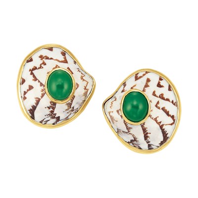 Lot 424 - Pair of Gold, Shell and Dyed Green Chalcedony Earclips, Seaman Schepps