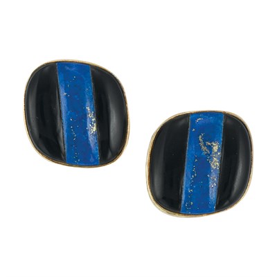 Lot 13 - Pair of Black Onyx and Lapis Earrings, Kai-Yin Lo