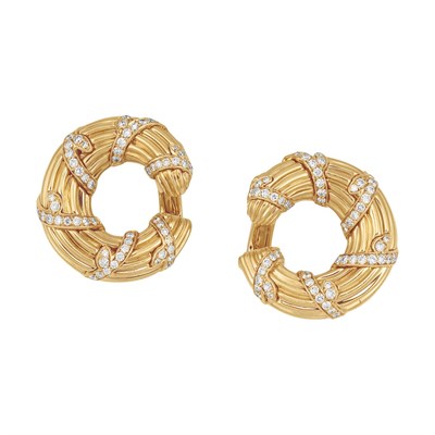 Lot 578 - Pair of Gold and Diamond Hoop Earclips, Cartier