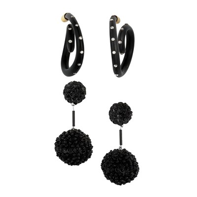 Lot 376 - Pair of Black Sequin Pendant-Earrings and Pair of Black Resin and Faux Diamond Hoop Earrings
