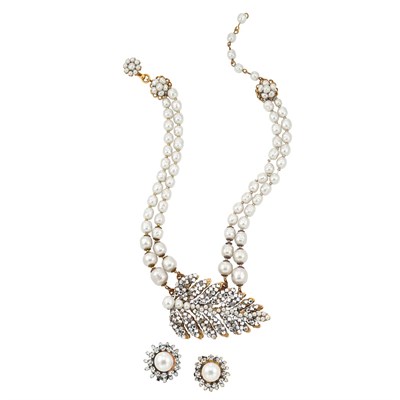 Lot 380 - Miriam Haskell Double Strand Faux Pearl and Faux Diamond Necklace and Pair of Earclips