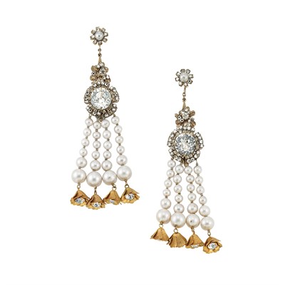 Lot 379 - Pair of Miriam Haskell Faux Pearl and Rhinestone Chandelier Earclips
