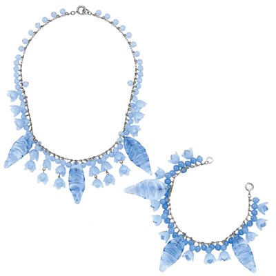 Lot 365 - Miriam Haskell Carved Cornflower Blue Glass Fringe Necklace and Bracelet