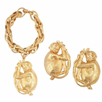 Lot 355 - Pair of Dominique Aurientis Monkey Earclips and Charm Bracelet