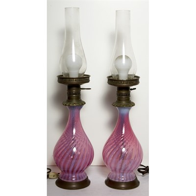 Lot 346 - Pair of Metal Mounted Pink Glass Oil Lamps...