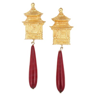 Lot 360 - Pair of Dominique Aurientis Pagoda and Faux Carnelian Pendant-Earclips