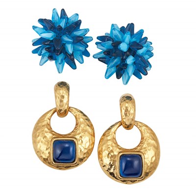 Lot 364 - Pair of Yves Saint Laurent Doorknocker Earclips and Pair of Blue Glass Sea Urchin Earclips