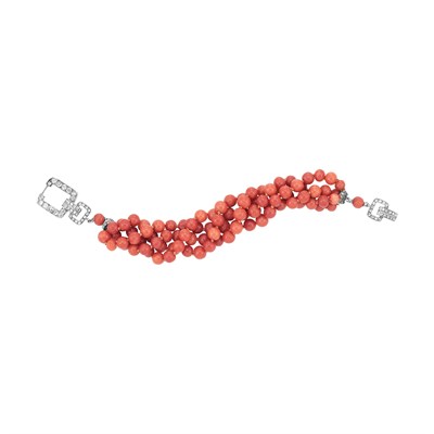 Lot 603 - Art Deco Four Strand Coral Bead and Diamond Torsade Bracelet