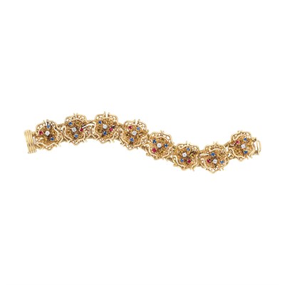 Lot 442 - Gold, Colored Stone and Diamond Flower Bracelet