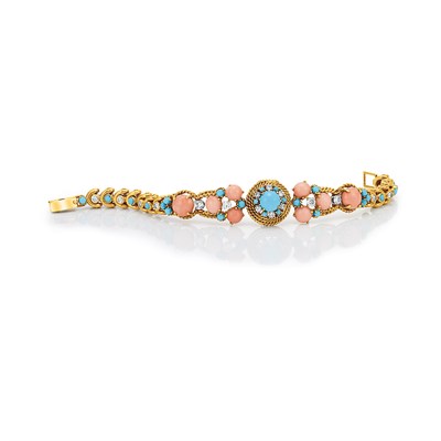 Lot 483 - Gold, Angel Skin Coral, Turquoise and Diamond Bracelet, Van Cleef & Arpels