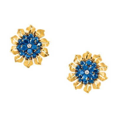 Lot 447 - Pair of Gold, Sapphire and Diamond Flower Earclips
