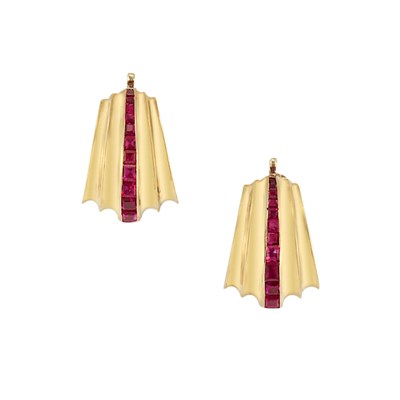 Lot 199 - Pair of Gold and Ruby Earclips, Cartier