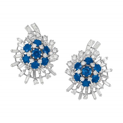 Lot 514 - Pair of Platinum, Sapphire and Diamond Earclips, Sterle