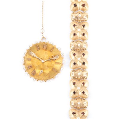 Lot 142 - Gold, Cultured Pearl and Garnet Bracelet and Pendant-Brooch with Chain