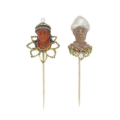 Lot 57 - Two Antique Gold, Carved Hardstone and Pearl Stickpins