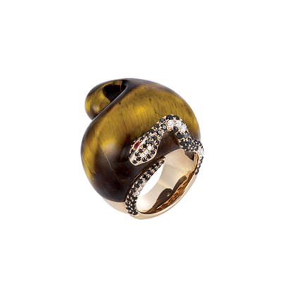 Lot 277 - Gold, Tiger's Eye, Diamond, Black Diamond and Ruby Snail Ring
