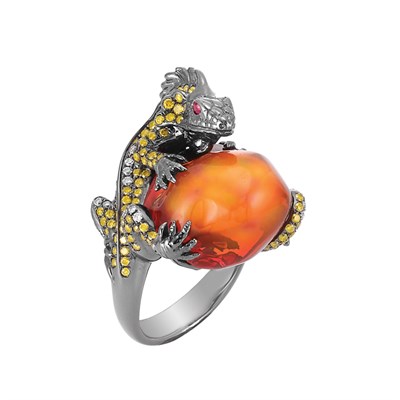 Lot 246 - Blackened Gold, Fire Opal, Diamond, Yellow Diamond and Ruby Ring
