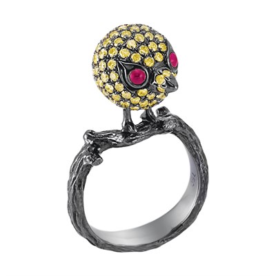 Lot 279 - Blackened Gold, Yellow Diamond and Ruby Bird Ring