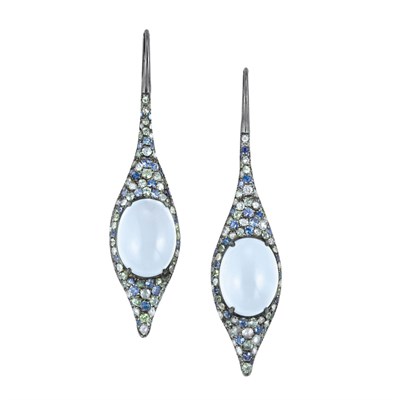 Lot 113 - Pair of Blackened Gold, Cabochon Aquamarine, Multicolored Sapphire and Diamond Pendant-Earrings