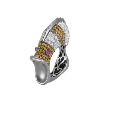 Lot 272 - Blackened Gold, Orange Sapphire and Diamond Fish Ring