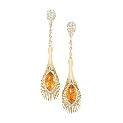 Lot 53 - Pair of Gold, Citrine and Diamond Pendant-Earrings