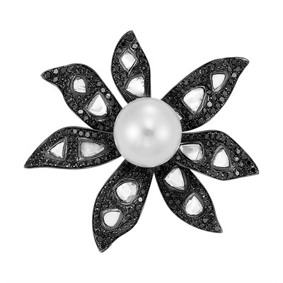 Lot 116 - Blackened Gold, Cultured Pearl, Diamond and Black Diamond Flower Ring