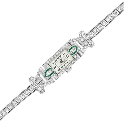 Lot 220 - Platinum, Diamond and Simulated Emerald Wristwatch