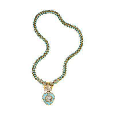 Lot 386 - Antique Gold, Turquoise, Turquoise Enamel and Diamond Pendant-Necklace