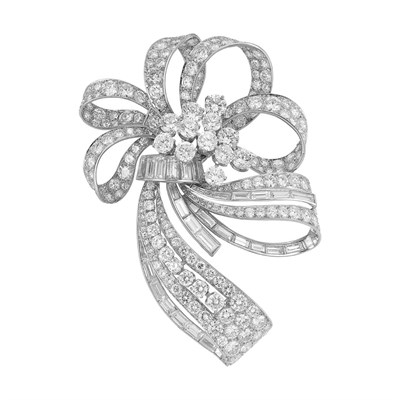 Lot 586 - Platinum and Diamond Bow Clip-Brooch