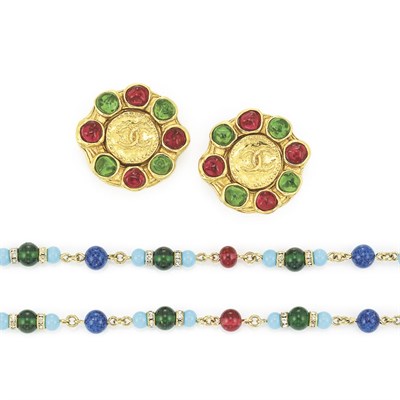 Lot 714 - Costume Bead and Faux Diamond Necklace and Chanel Gripoix Earclips