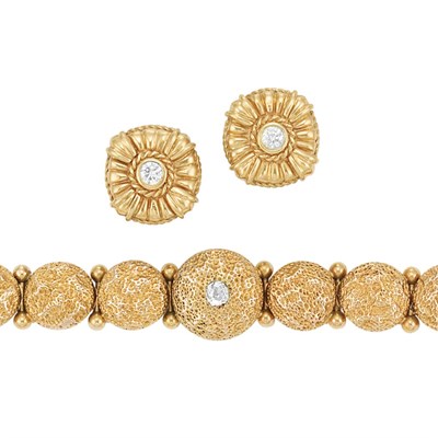Lot 28 - Pair of Gold and Diamond Earrings and Antique Gold and Diamond Bracelet