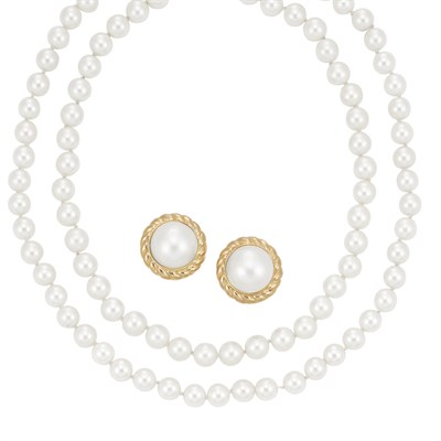 Lot 82 - Two Cultured Pearl Necklaces and Pair of Gold and Mabe Pearl Earrings