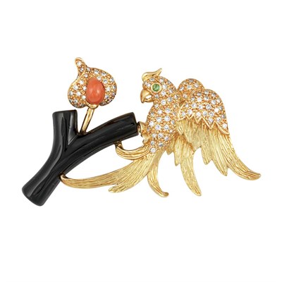 Lot 198 - Gold, Black Onyx, Coral, Diamond and Emerald Bird Brooch