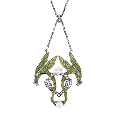 Lot 58 - Art Nouveau Silver Gilt, Silver, Enamel, Simulated Diamond and Pearl Lavaliere