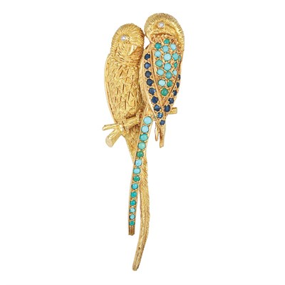 Lot 88 - Gold, Turquoise, Sapphire and Diamond Lovebird Brooch