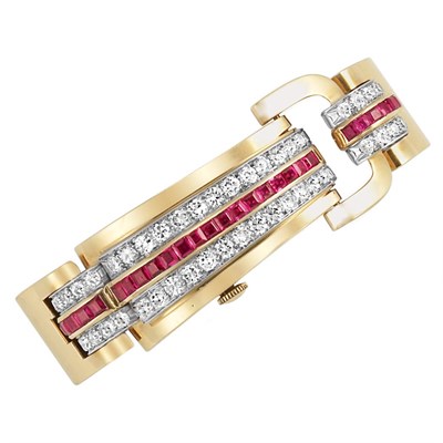 Lot 309 - Gold, Ruby and Diamond Bracelet-Watch