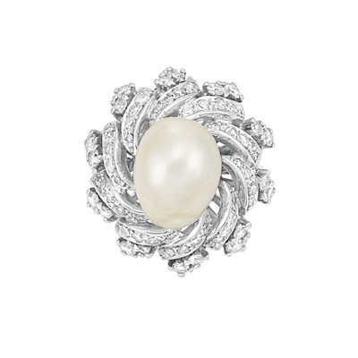 Lot 318 - White Gold, Natural Pearl and Diamond Ring