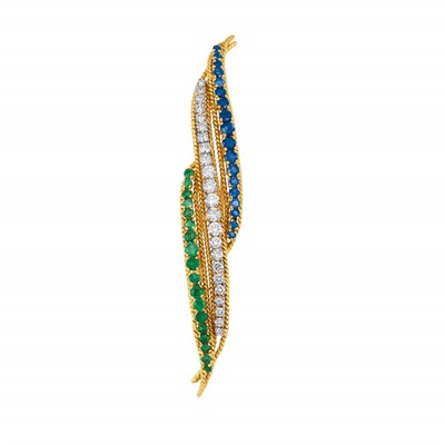 Lot 556 - Gold, Sapphire, Emerald and Diamond Flame Clip-Brooch, Van Cleef & Arpels
