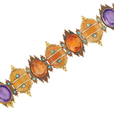 Lot 385 - Gold, Agate, Glass, Turquoise and Enamel Bracelet